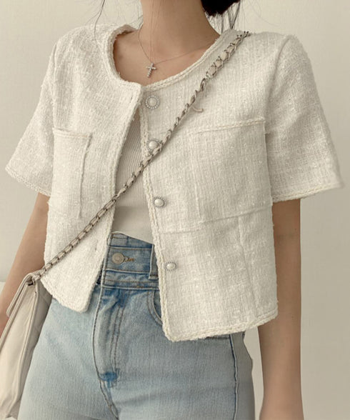 ツイード風ジャケットノーカラージャケット レディース パールボタン オフィス夏服 ショート丈アウター フォーマル カーディガン きれいめ羽織り サマージャケット夏 86SSJL-022